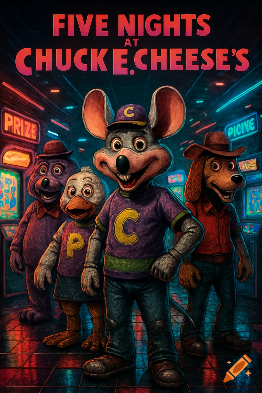 Dark poster for "Five Nights at Chuck E. Cheese's" with Chuck E. Cheese and other animatronics in a gritty arcade.