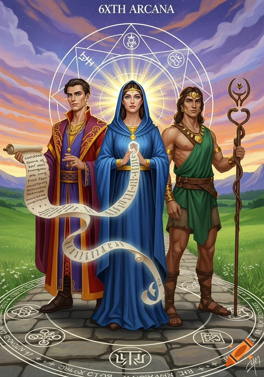 A man in red, a woman in blue, and a man in green robes stand on a path with a magical circle, under a celestial sky. They hold scrolls and a staff.