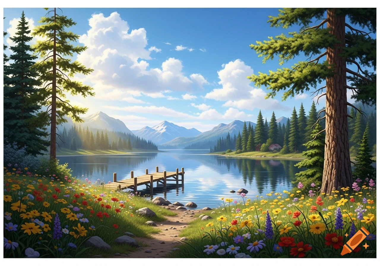 Vibrant landscape painting of a lake with a wooden dock, framed by tall pine trees, colorful wildflowers, and distant snowy mountains.