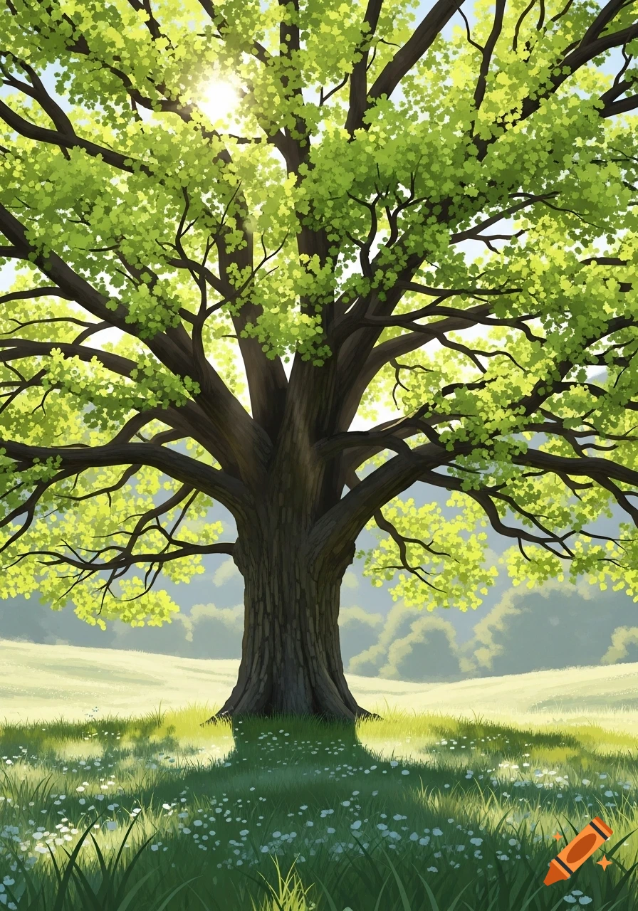 A bright digital illustration of a large old oak tree with green spring leaves in a sunny field of wildflowers.