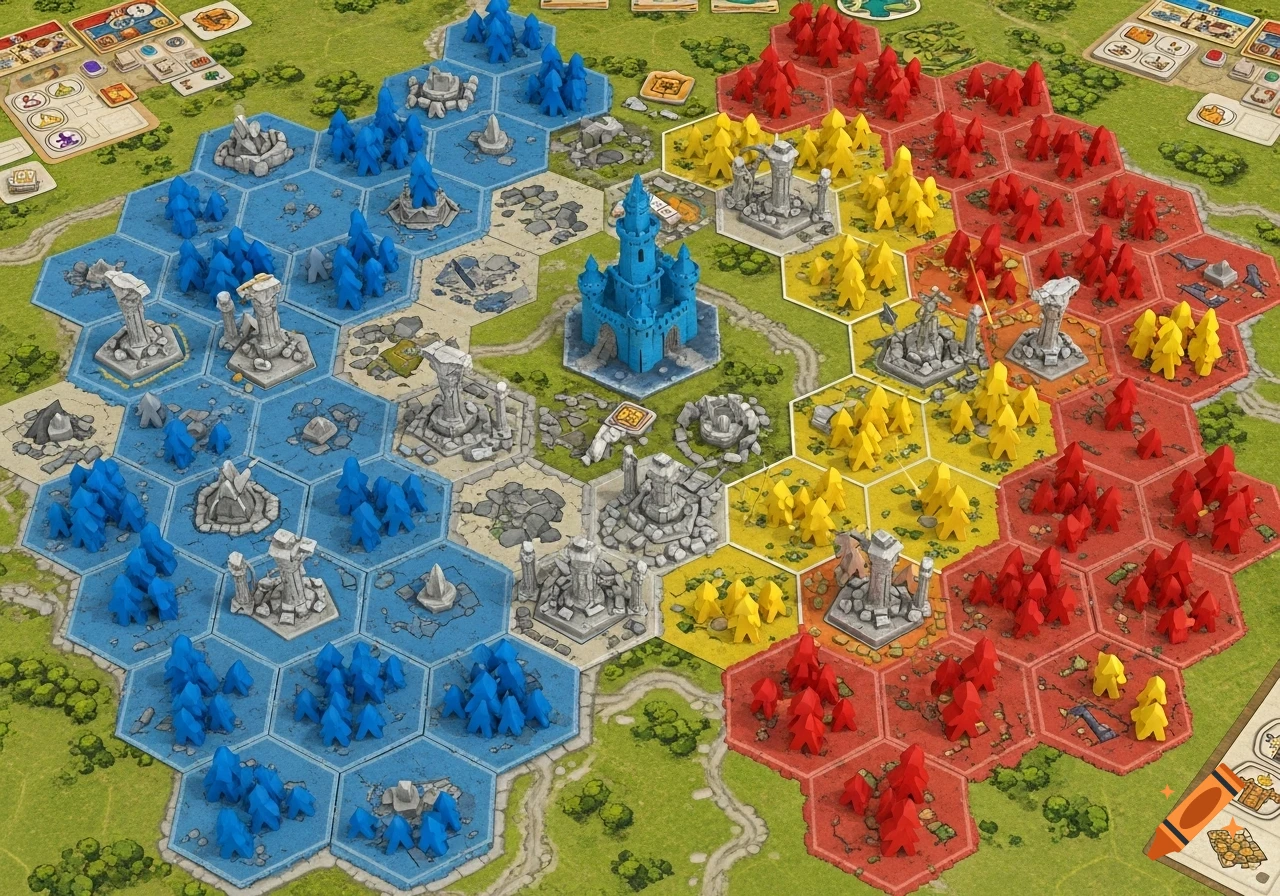 Overhead view of a colorful board game with hexagonal tiles, a central blue castle, and red, yellow, and blue player pieces.