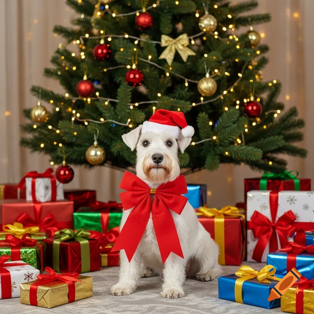 A white miniature schnauzer dog wearing a Santa hat and a big red bow sits in front of a Christmas tree surrounded by presents.