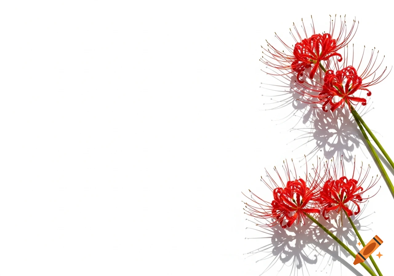 Three vibrant red spider lilies with long stamens and strong shadows on a clean white background.