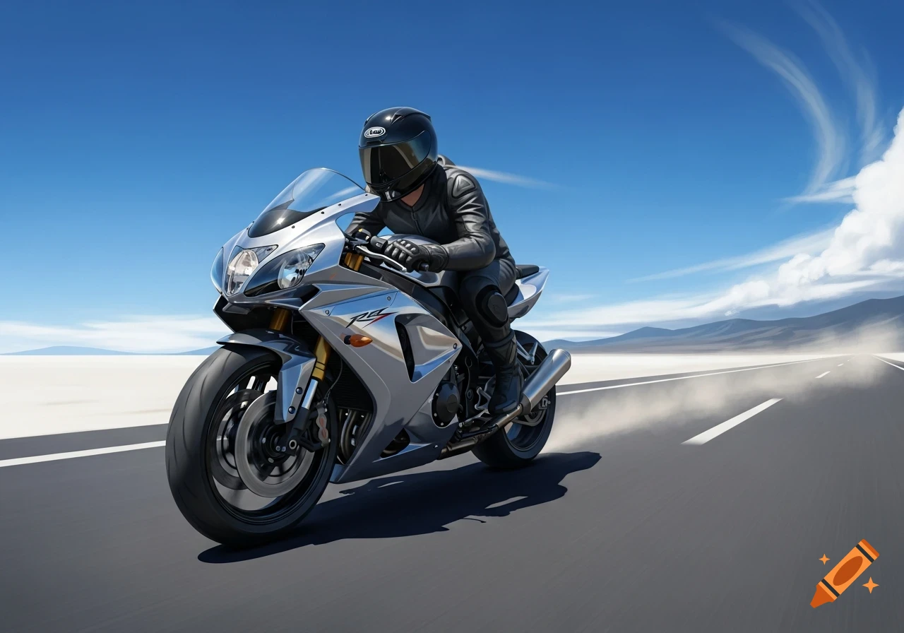 A person in a black leather suit and helmet rides a silver sport motorcycle rapidly down a desolate highway under a clear blue sky.