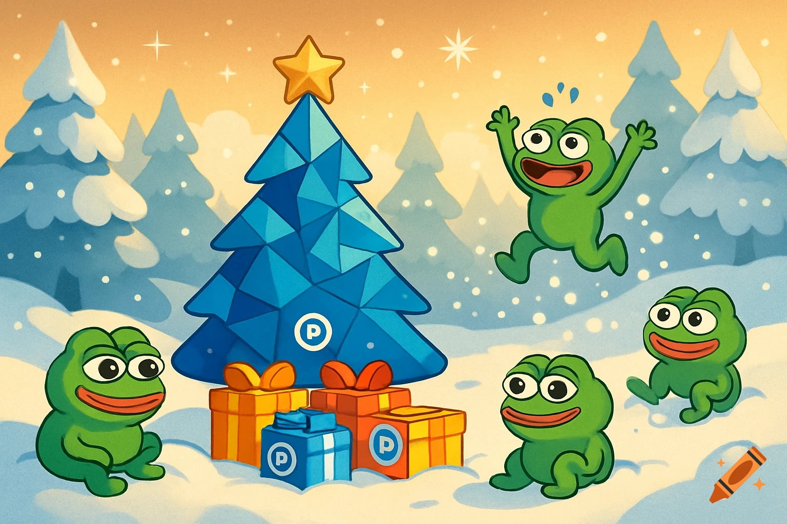 Cartoon Pepe frogs play around a geometric blue Christmas tree with gifts bearing the Polymarket logo in a snowy winter forest.