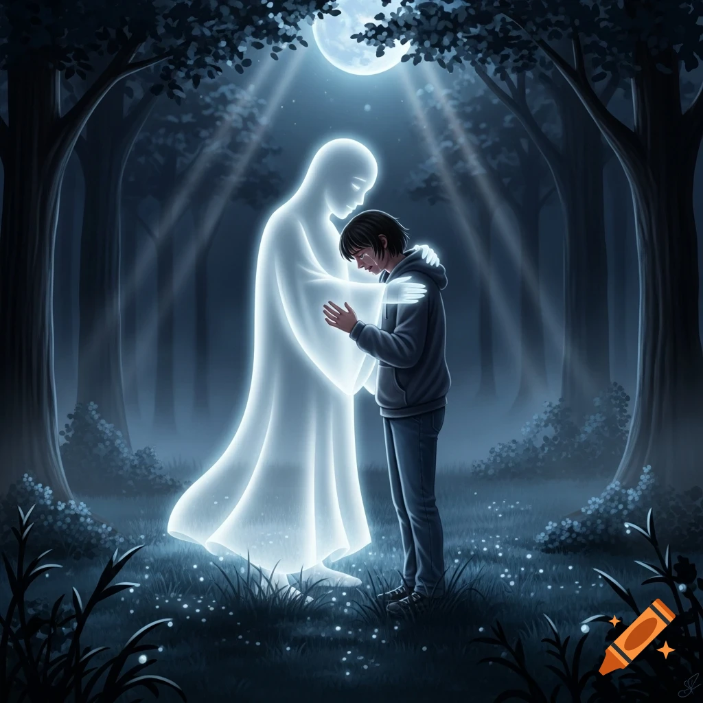 A glowing, faint ghost figure embraces a crying teenager in a dark, moonlit forest, digital illustration.