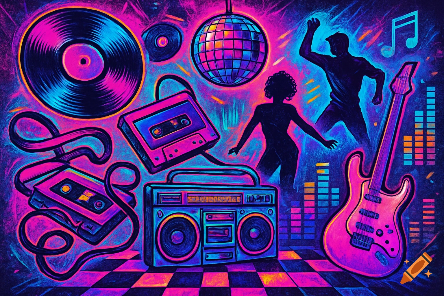 Neon retro art with a vinyl record, cassette tapes, boombox, disco ball, electric guitar, and dancing silhouettes.