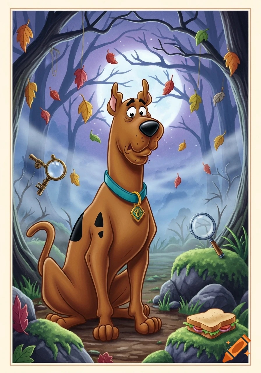 Scooby-Doo sits in a moonlit autumn forest with falling leaves, next to a sandwich and two magnifying glasses, in a cartoon style.
