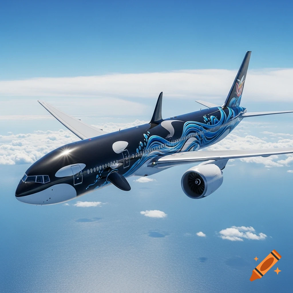 A photorealistic image of a Boeing 777 airplane with a black, white, and blue orca livery, flying above clouds and ocean.