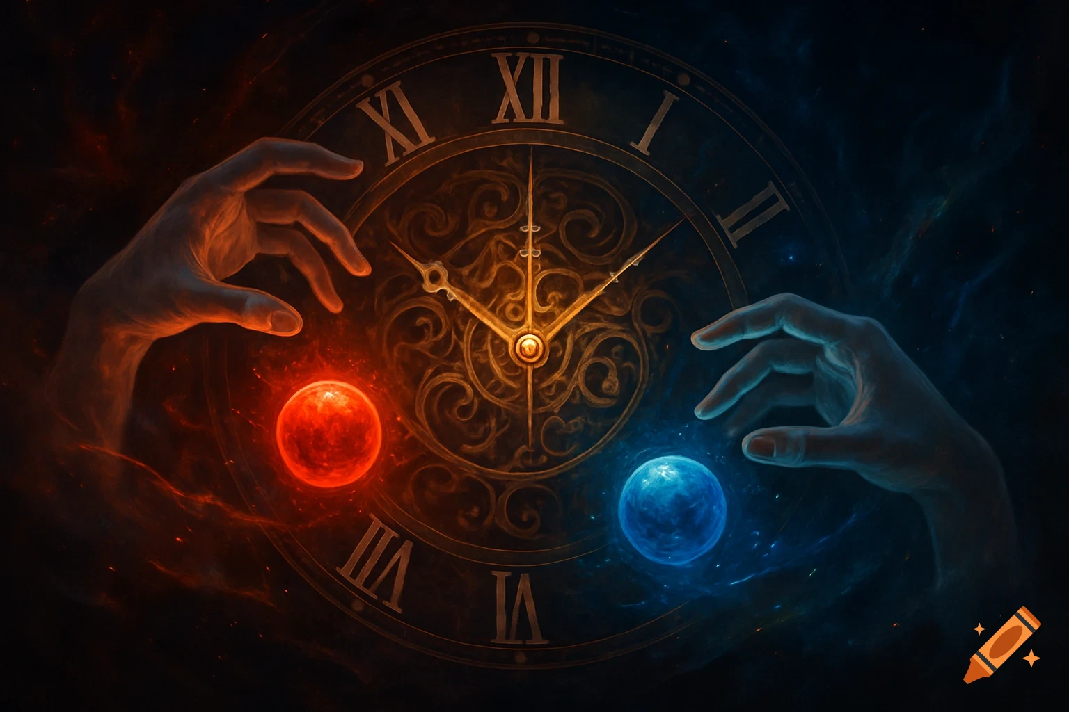 Two ethereal hands, one red-tinted and one blue-tinted, reach towards a central antique clock face with two glowing orbs, red on the left and blue on the right, against a dark, cosmic background.