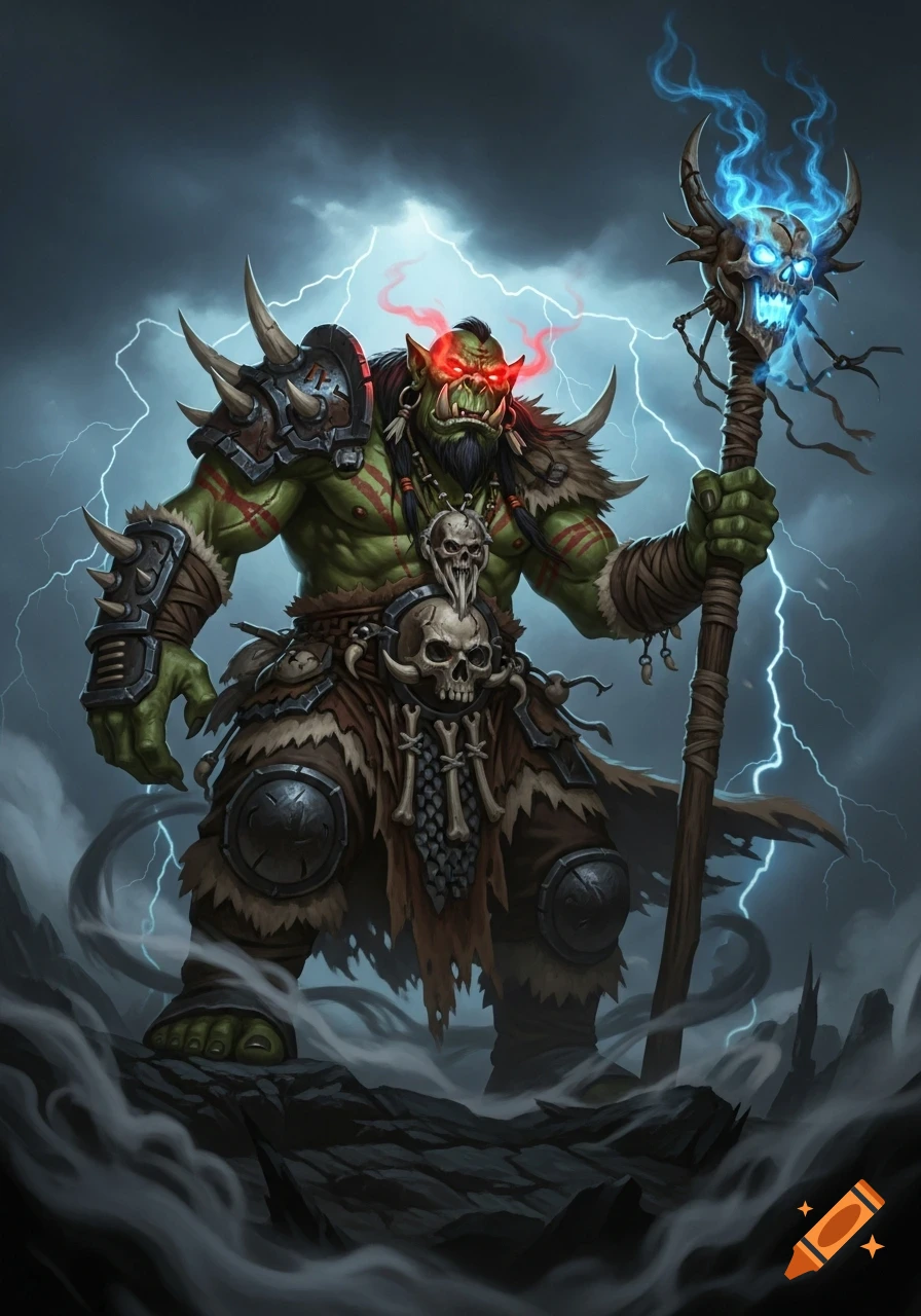 A fierce green orc shaman with red glowing eyes and a skull-topped staff stands amidst lightning and mist in a fantasy style.