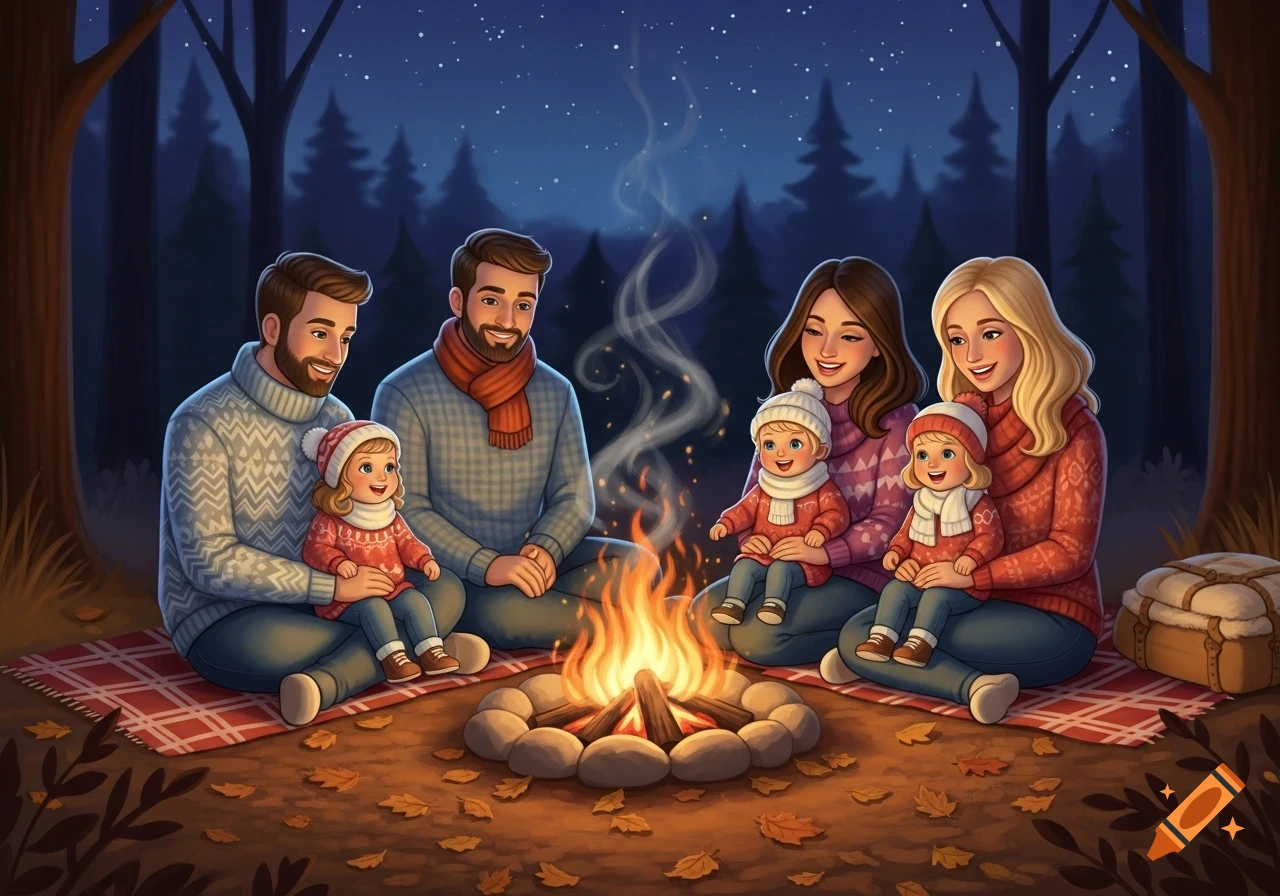 Cartoon illustration of two families, including same-sex parents, sitting around a bonfire on a red blanket in a forest at night.
