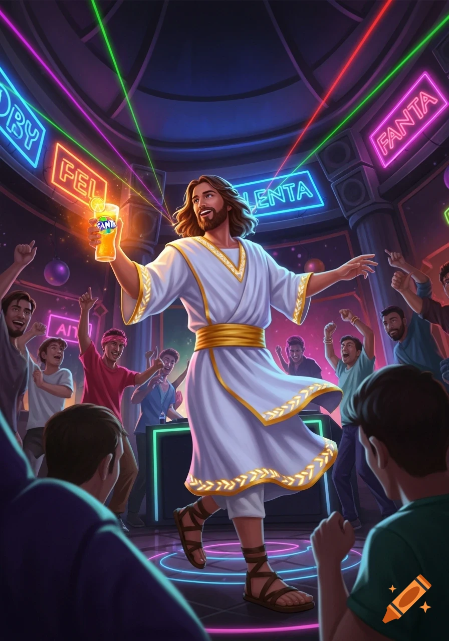 Jesus in a white robe and sandals dances happily at a vibrant neon-lit nightclub, holding a glass of orange Fanta, surrounded by a diverse crowd of people cheering and dancing.