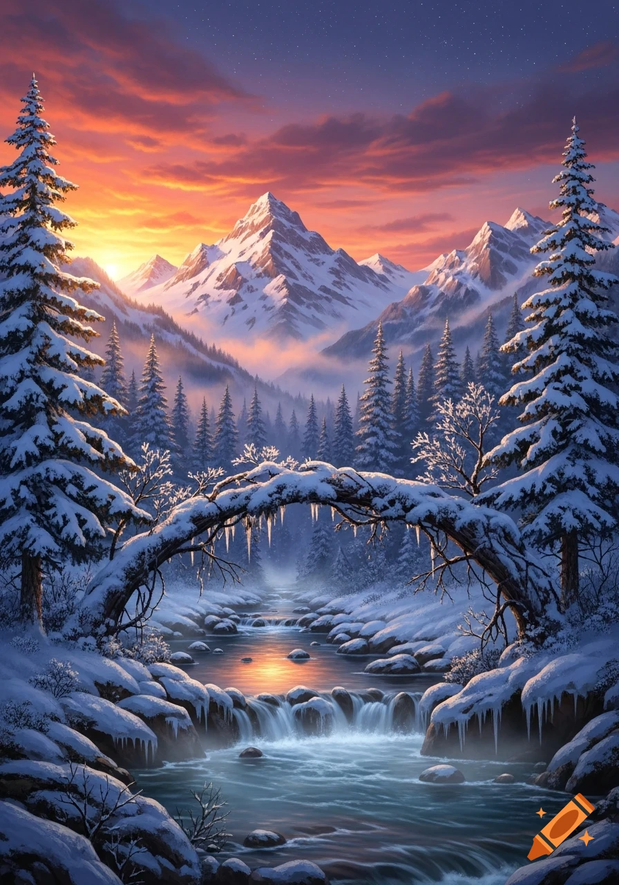 A vibrant winter landscape at sunset featuring snow-covered mountains, evergreen trees, and a stream flowing under a snowy arch.