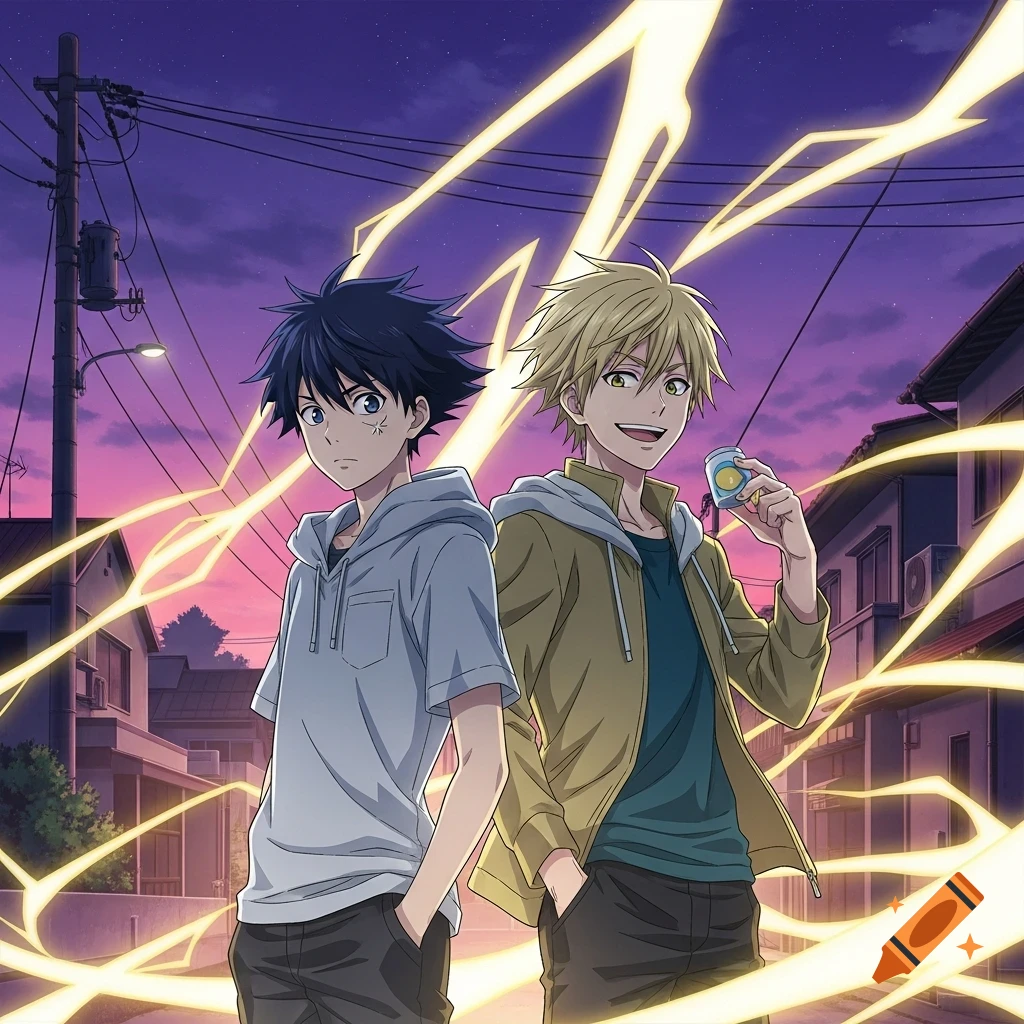 Anime illustration of two young men, one dark-haired and one blonde, standing outdoors at dusk with stylized lightning.