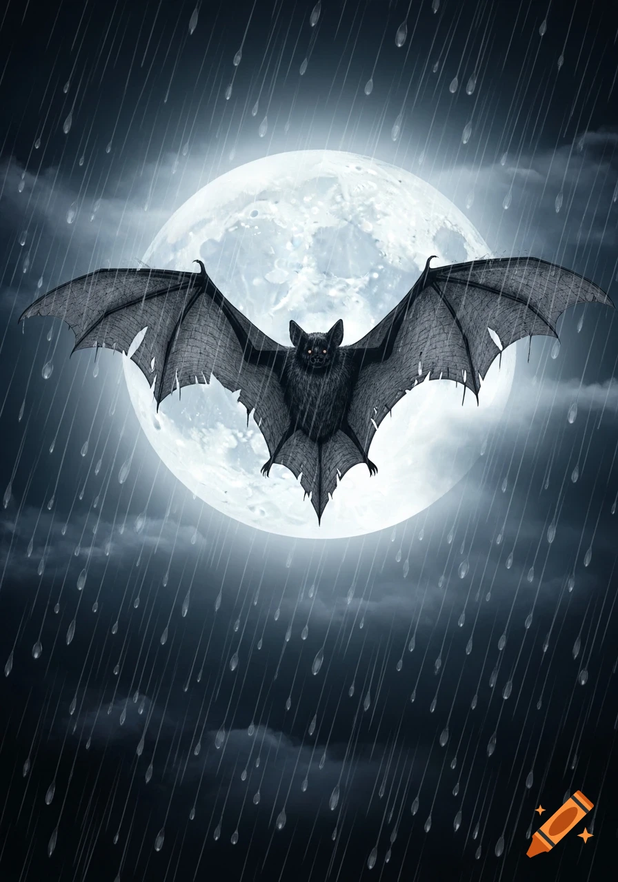 A graphic art depiction of a bat with tattered wings flying against a bright full moon in the pouring rain.