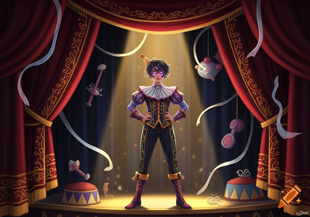 A jester-like character with purple eyes and an elaborate costume stands center stage under a spotlight, surrounded by red curtains, ribbons, and circus props.