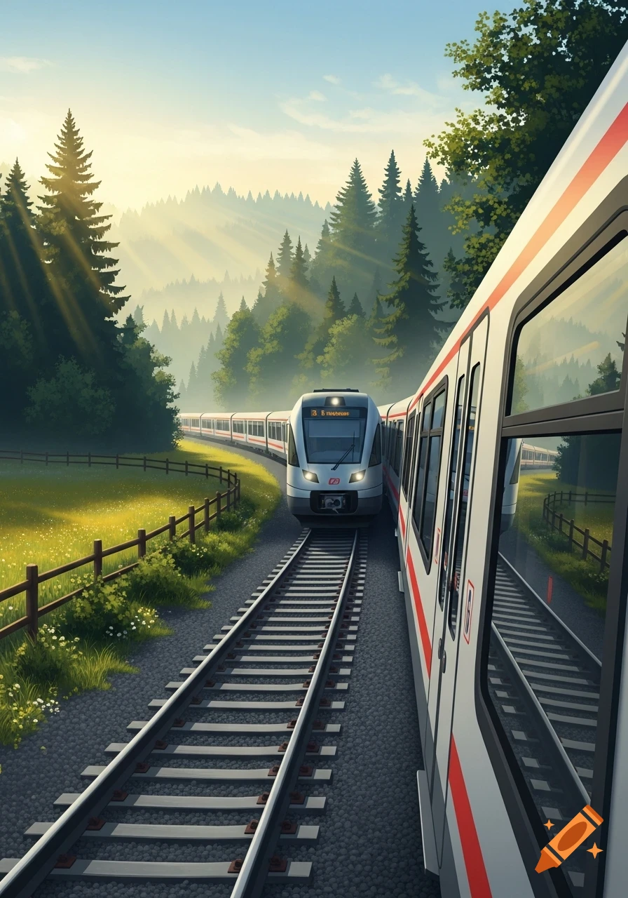 Two trains on parallel tracks in a lush green valley with pine trees and sun rays. One train approaches from a distance, the other is seen from the side, in an illustrative style.