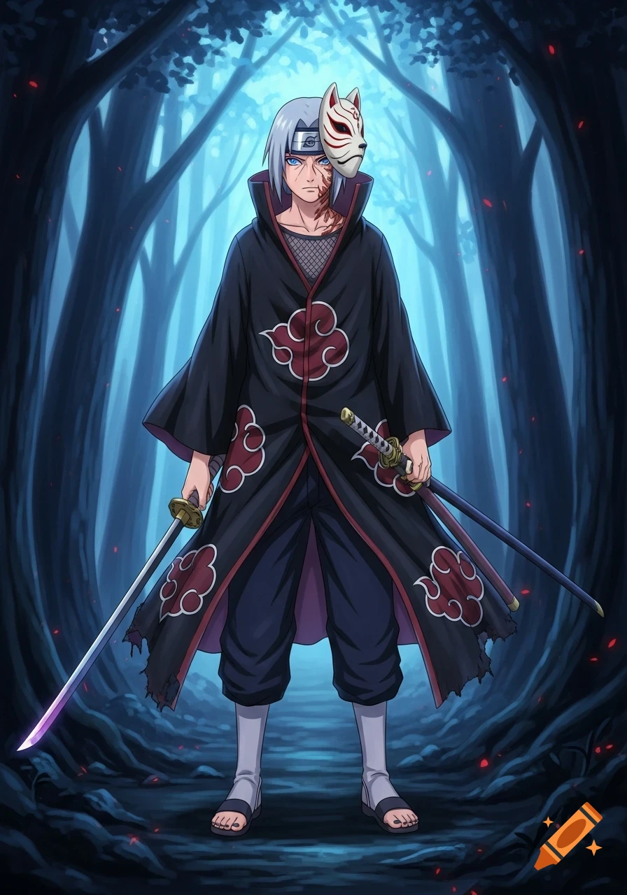An anime male character with silver hair, blue eyes, and a scarred face, wearing a black cloak with red cloud patterns, a kitsune mask on his head, and holding two katanas in a dark forest.