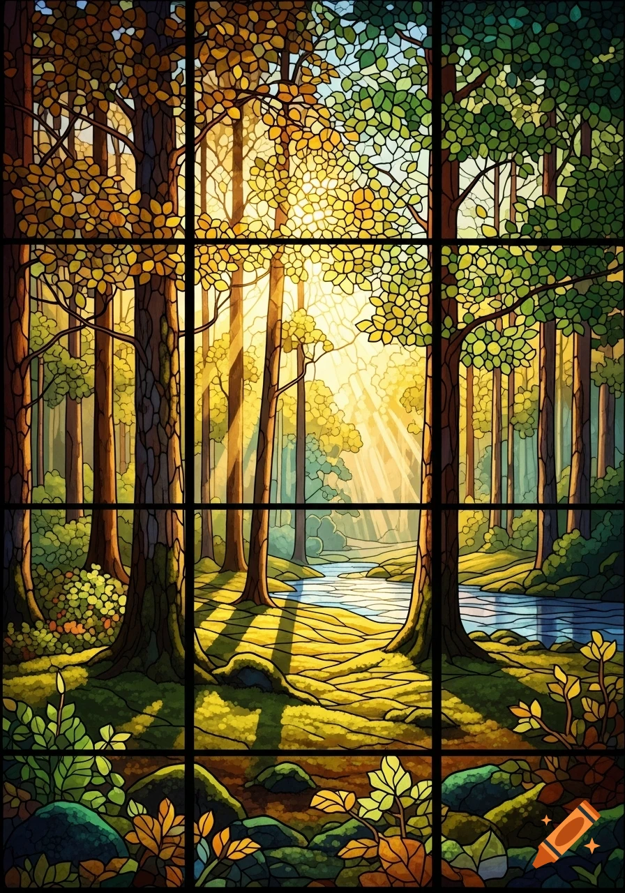 A detailed stained glass artwork depicting a sunny forest with tall trees, a winding river, and glowing light rays filtering through the canopy.