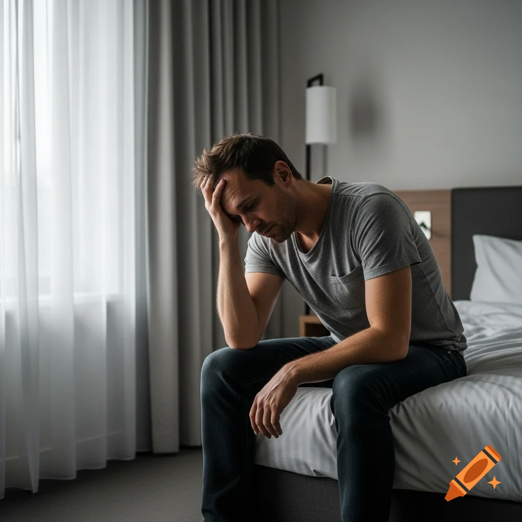 A man in a t-shirt and jeans sits on a bed, holding his head, appearing distressed in a dimly lit bedroom.