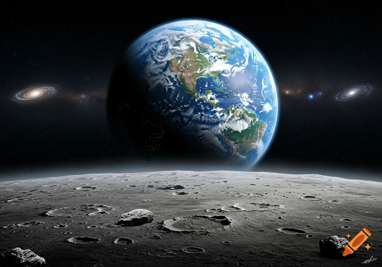 Photorealistic view of Earth from the heavily cratered moon surface, with distant spiral galaxies and stars in the dark background.