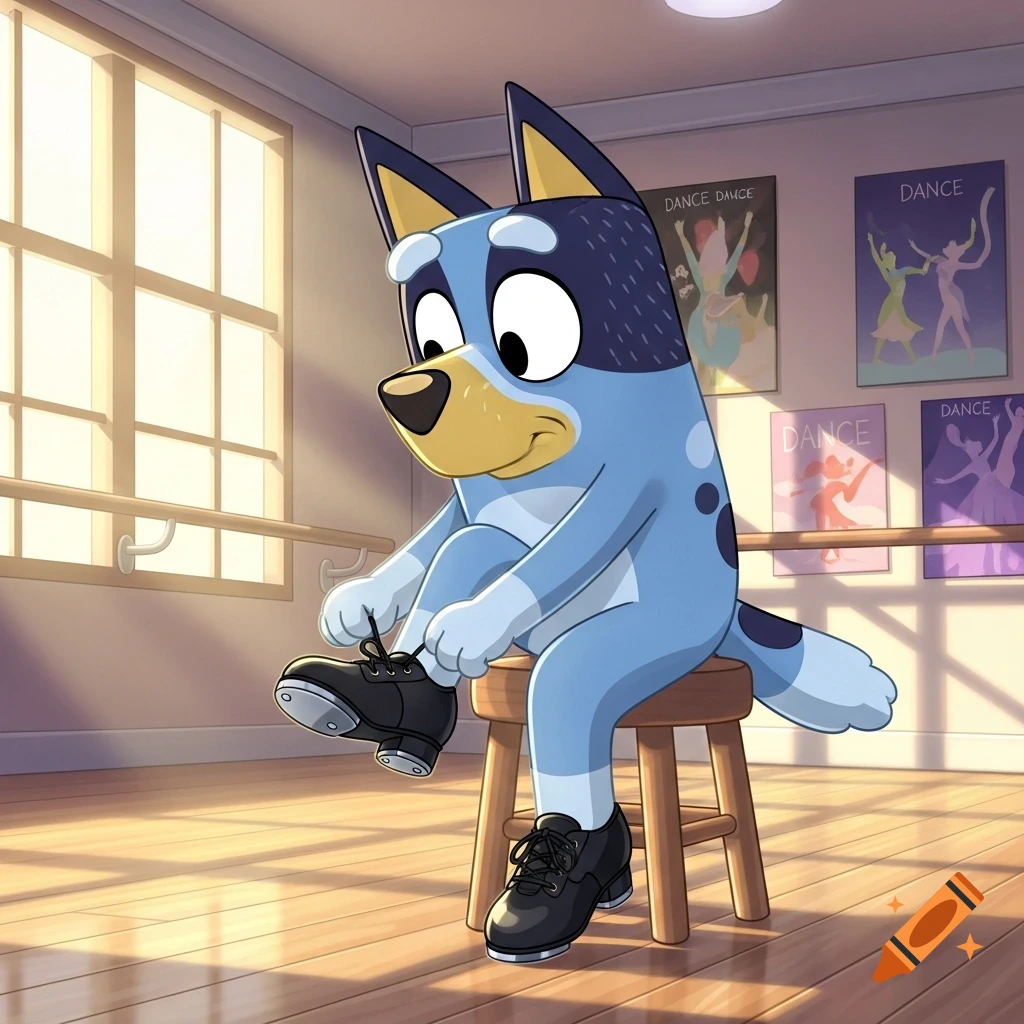 Bluey Heeler, a blue cartoon dog, sits on a wooden stool in a sunny dance studio, tying the laces of her black tap shoes.