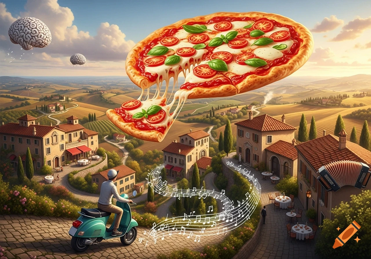 A giant pizza with a missing slice floats above a vibrant Italian landscape where a person on a scooter leaves a trail of musical notes.