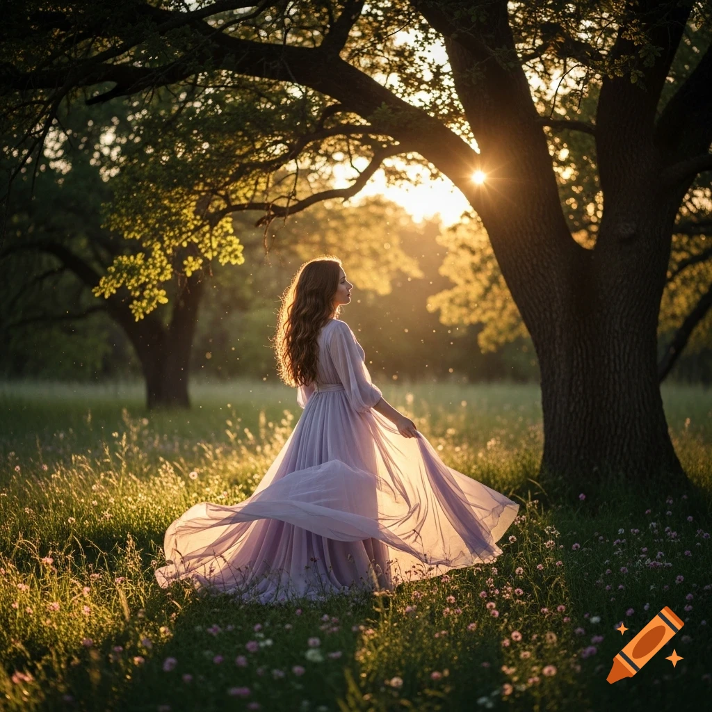 Photorealistic image of a woman in a flowing purple dress standing in a sunlit meadow near a large tree at sunset.