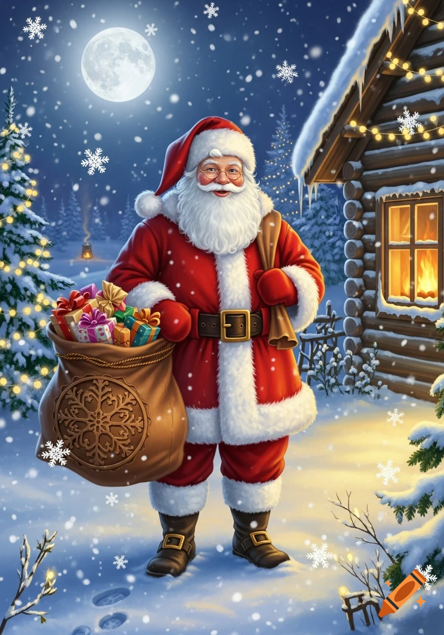 Santa Claus stands in a snowy winter landscape under a full moon, holding a sack full of gifts next to a decorated log cabin.