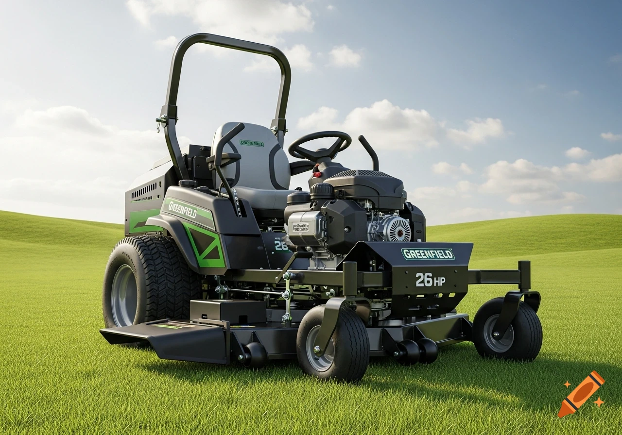 A photorealistic black and green Greenfield zero-turn ride-on lawnmower with a roll bar, parked on a grassy hill under a blue sky.