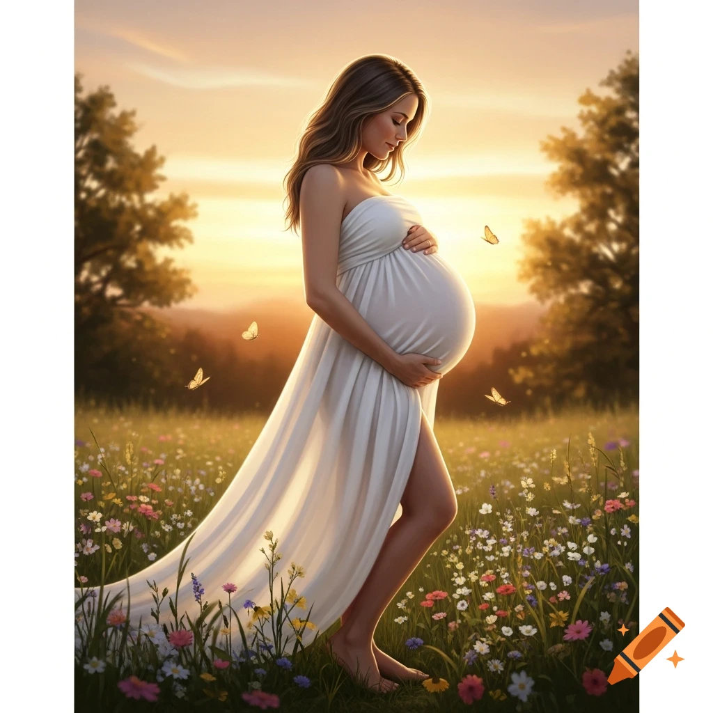 A pregnant woman in a white dress cradles her belly in a golden hour meadow filled with wildflowers and butterflies.