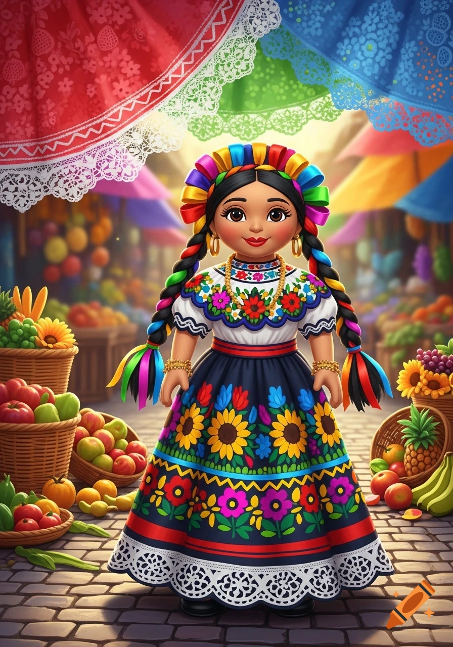 Colorful stylized doll in a traditional embroidered dress with braided hair and ribbons, standing in a vibrant Latin American market.