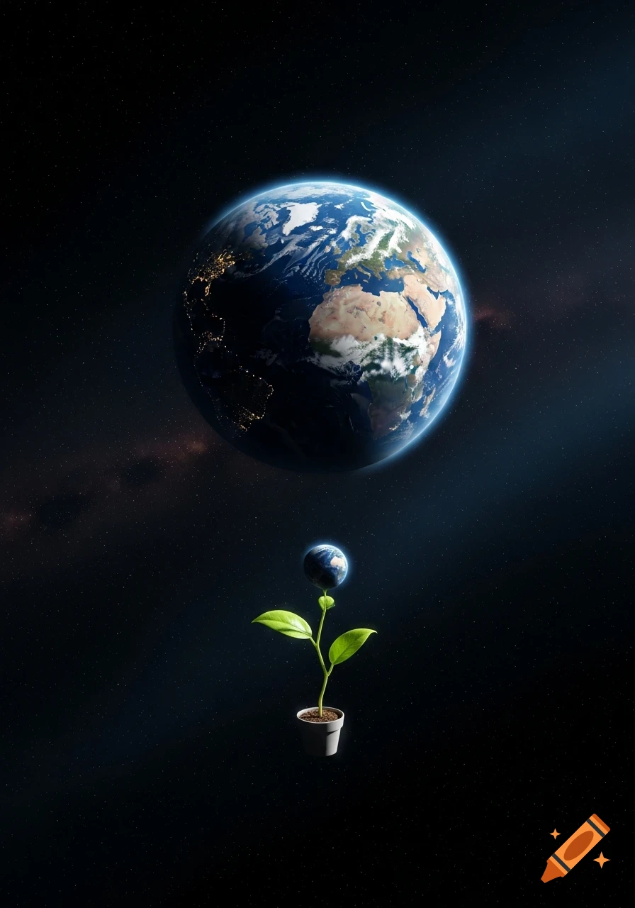 Photorealistic image of Earth in space with a small potted plant below it, the plant's bloom is a miniature Earth.