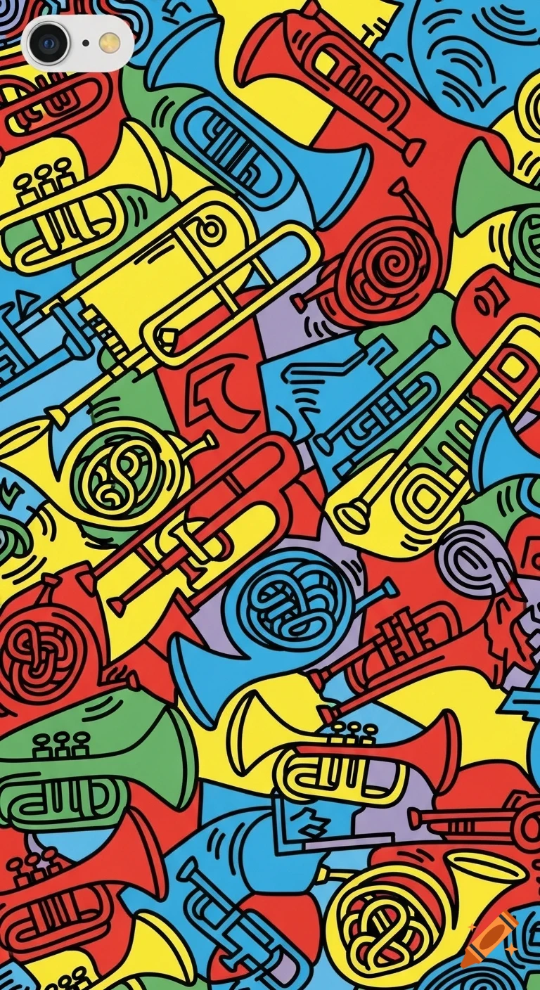 Colorful Keith Haring style pattern of outlined musical instruments including trumpets, French horns, and trombones.