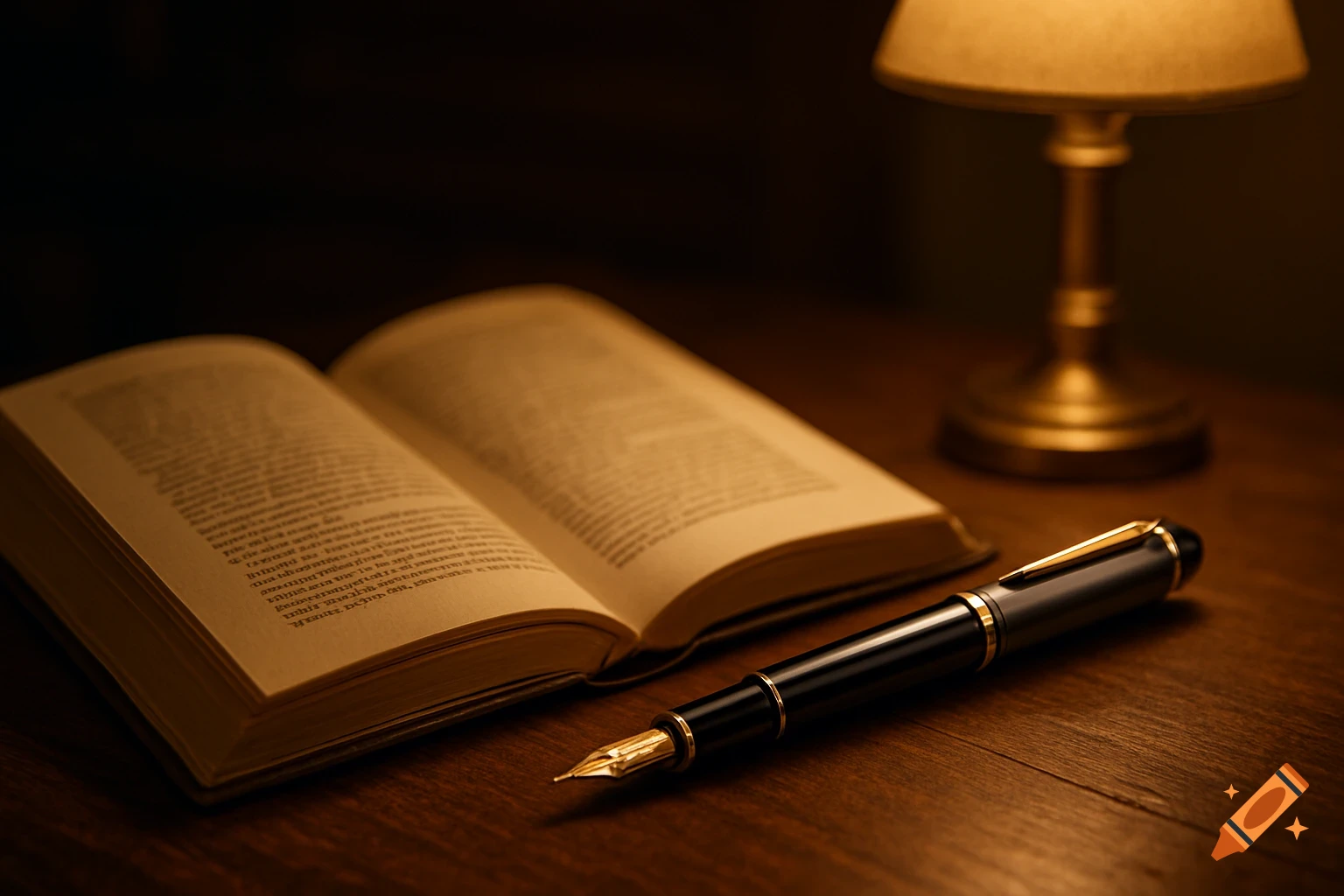 A realistic photo of an open book and a fountain pen on a wooden desk under warm lamplight.