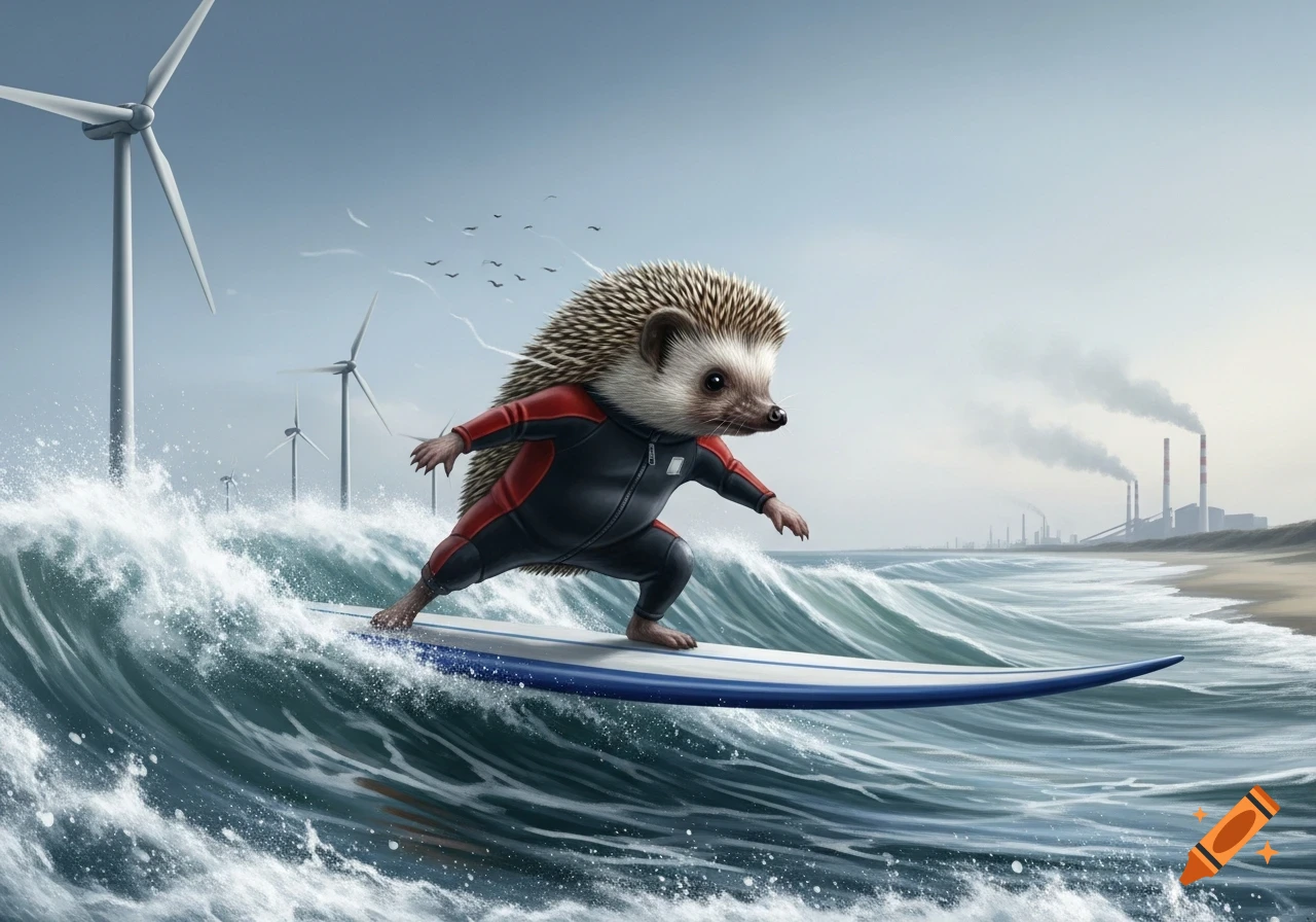 A photorealistic hedgehog in a wetsuit surfs a large wave, with wind turbines and industrial chimneys in the background.