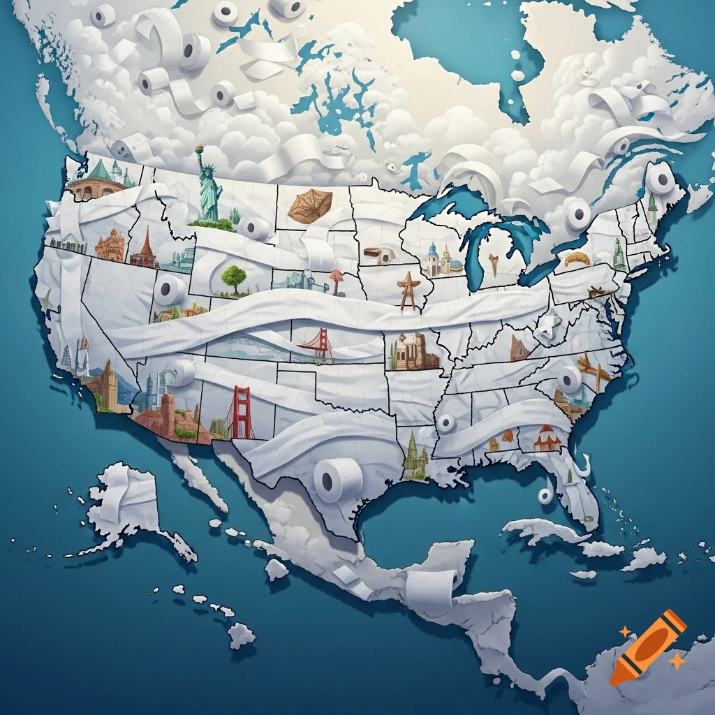 An artistic map of the continental US wrapped in white toilet paper, featuring various landmarks across the states.