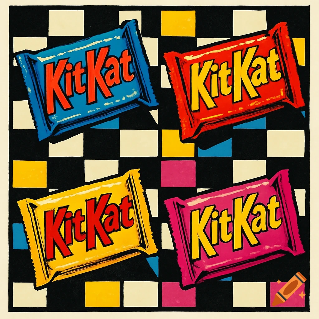 Four colorful Kit Kat bars in blue, red, yellow, and pink wrappers on a black and white checkered background with colored squares, in a pop art style.
