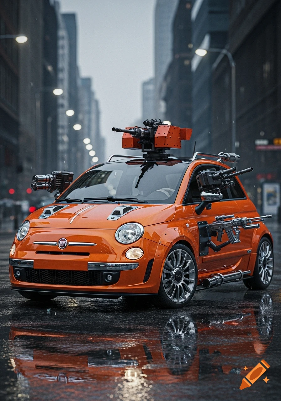 Photorealistic orange Fiat 500 car armed with a roof turret, side guns, and a rifle, on a wet city street.