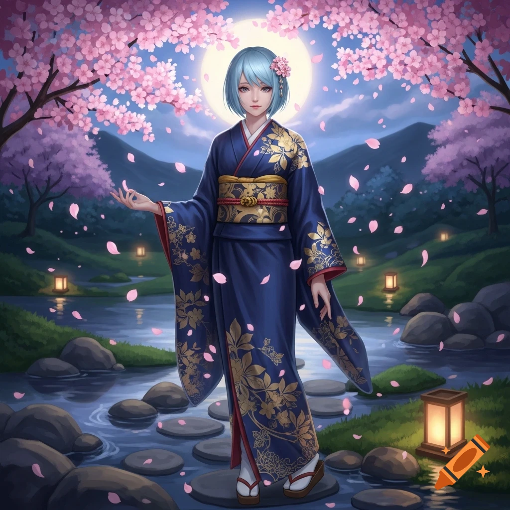An anime girl with blue hair in a dark blue kimono stands on stepping stones in a Japanese garden with cherry blossoms, falling petals, and lanterns at night.