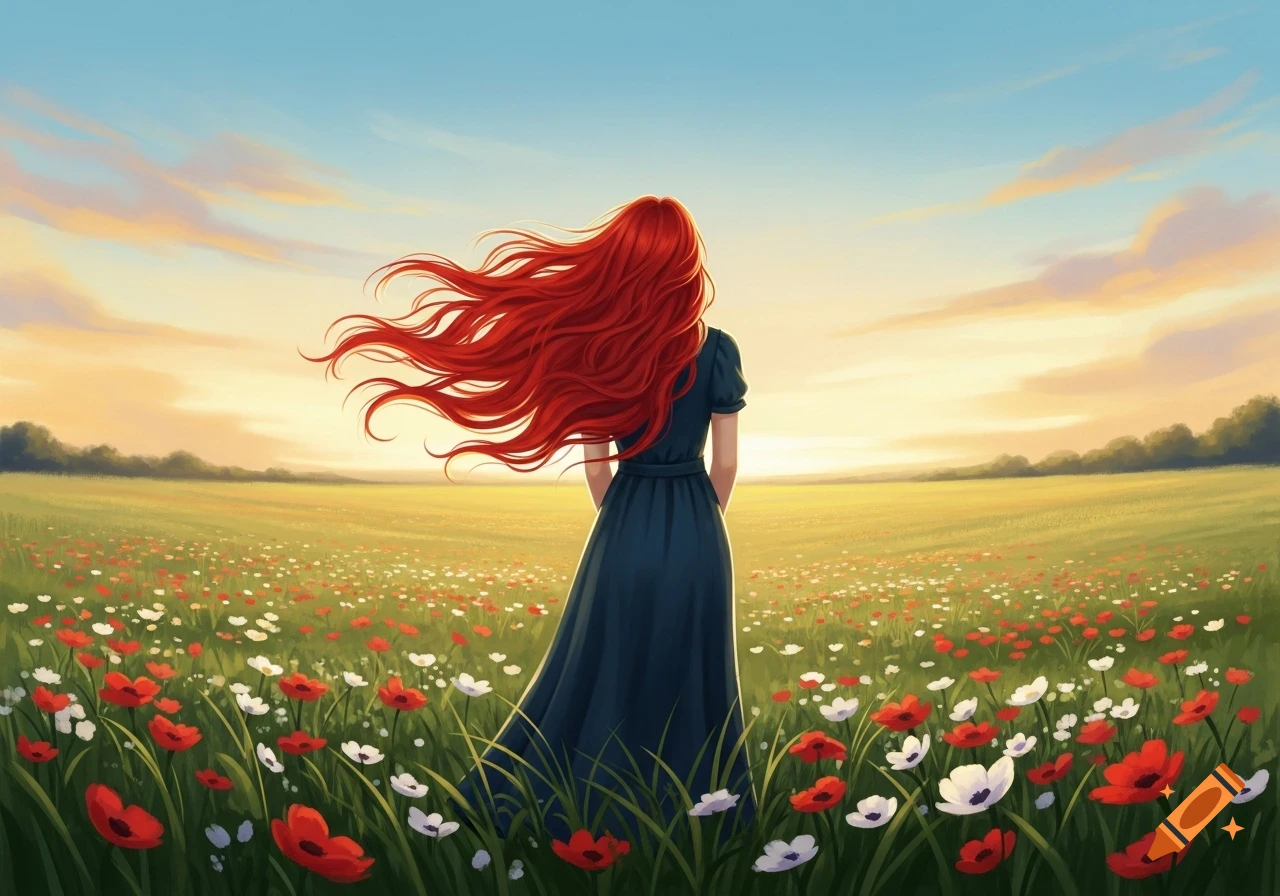 Illustrated woman with long flowing red hair standing in a field of red ...