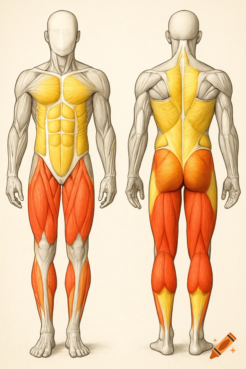 Detailed anatomical illustration of a human figure from front and back, with quadriceps, hamstrings, glutes, and calves in red, and torso/back muscles in yellow/orange.
