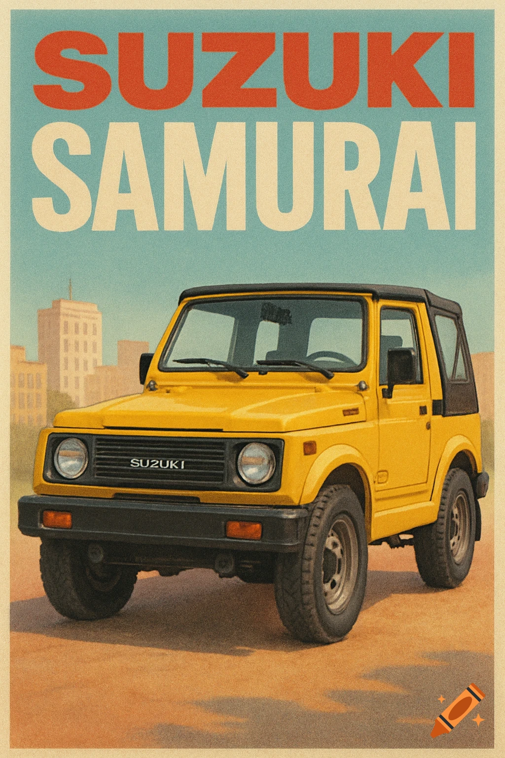 A yellow Suzuki Samurai SUV in a retro magazine cover style, parked on a dirt road with distant buildings.