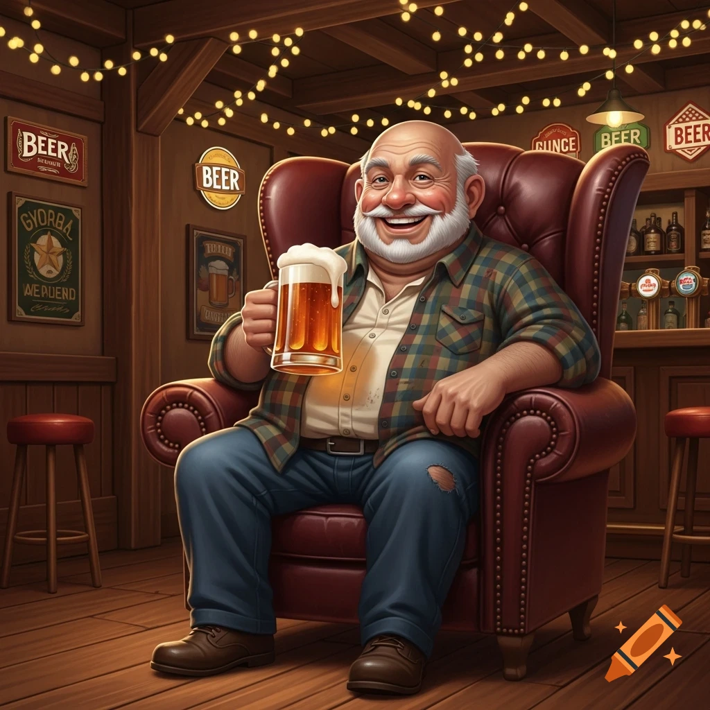 A happy bald man with a white beard sits in a red armchair, holding a large foamy mug of beer in a cozy, string-light lit bar.