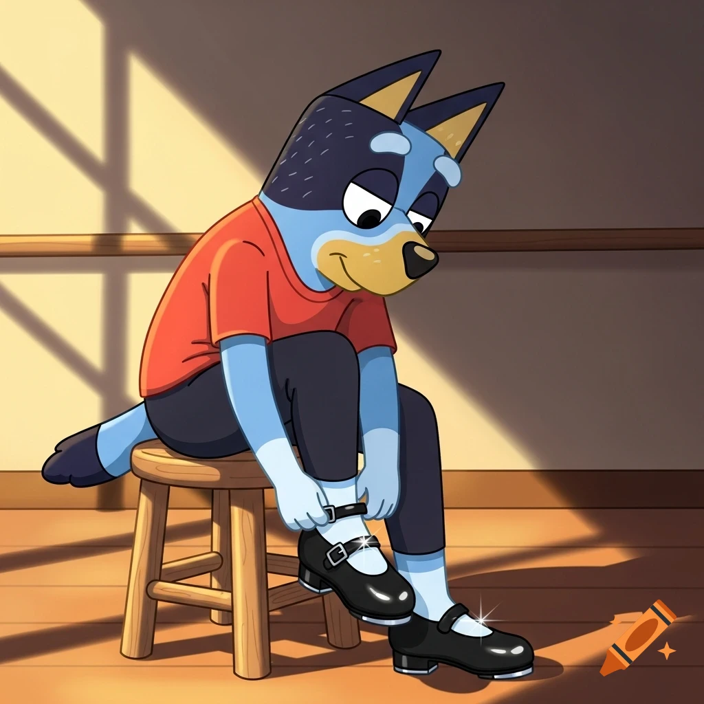 Bluey Heeler, a blue cartoon dog, sits on a wooden stool wearing a red t-shirt and black pants, buckling black tap shoes.