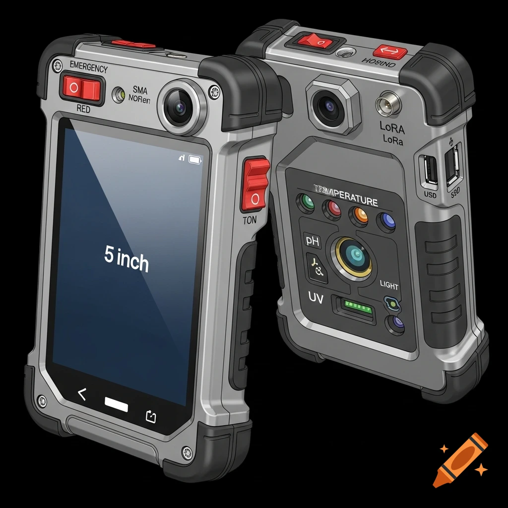 A grey, rugged handheld field research device with a 5-inch screen, emergency button, and various environmental sensors, shown from the front and back.