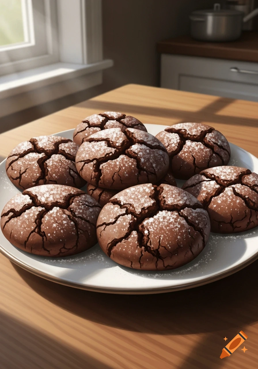 A plate of chocolate crinkle cookies with powdered sugar, in a bright kitchen with a window in the background.