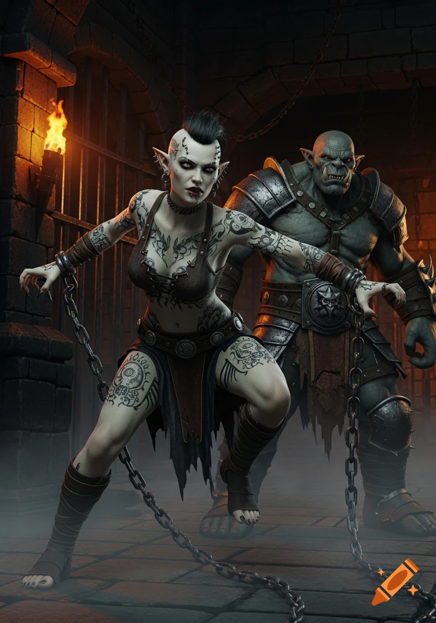 Photorealistic tattooed female orc with chains and male orc in a dark dungeon.