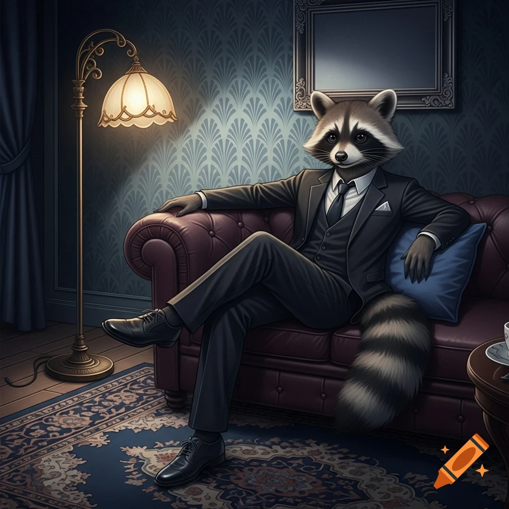 A dapper anthropomorphic raccoon in a dark suit lounges on a red leather couch in a dimly lit, art deco room.